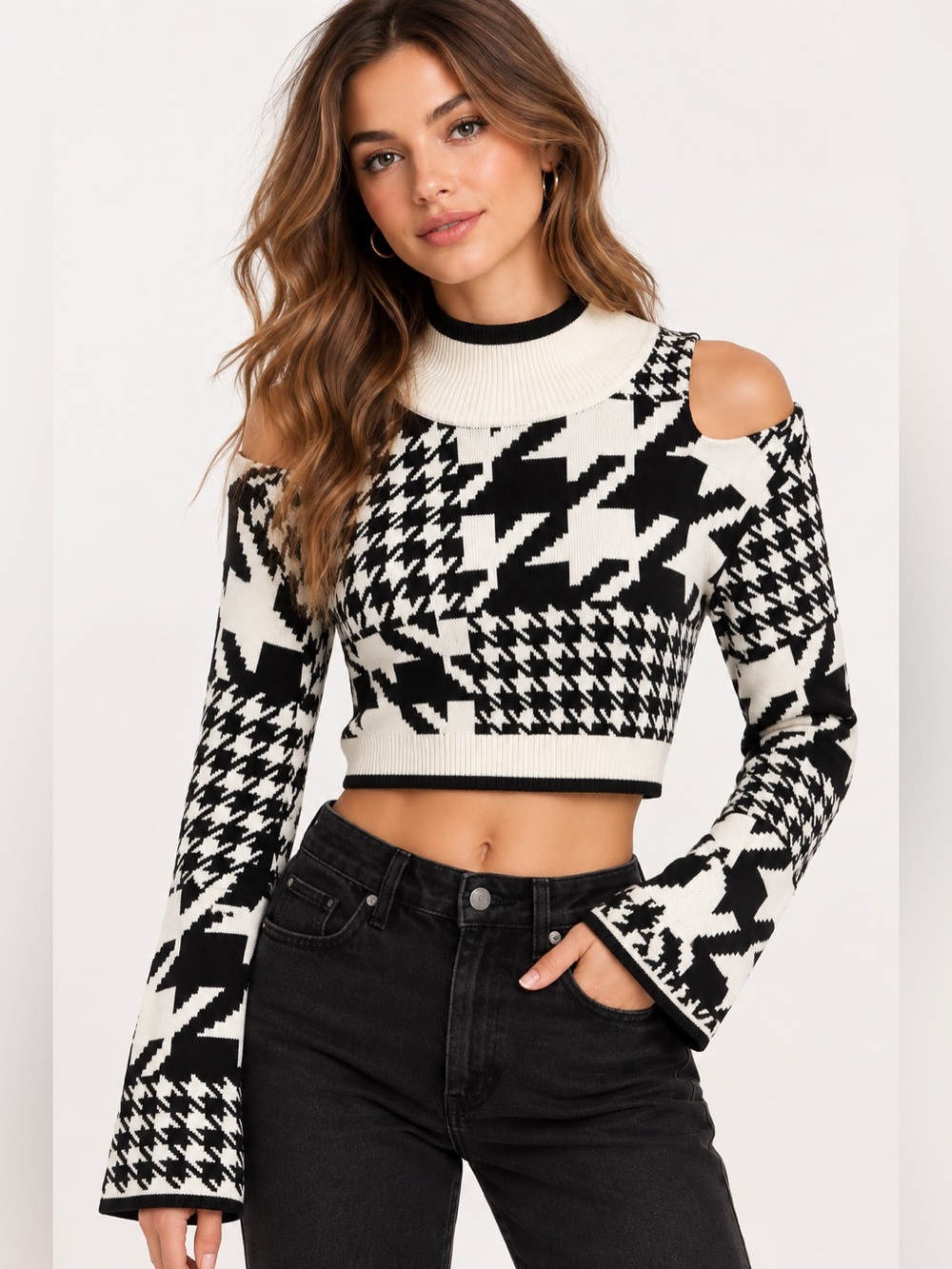 NWOT-Year of Ours Black & White Houndstooth Cold-Shoulder Crop Sweater
